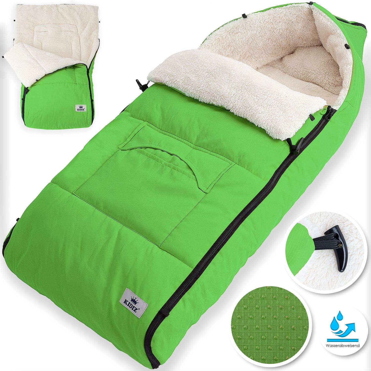 KIDIZ® Babyfußsack Baby Fußsack Winterfußsack Babyschale mit Reißverschluss Kuschelsack Babydecke Kinderwagen waschbar verschließbarer Kopfteil,Tasche, passend für alle Kinderwagen, Farbe:Grün