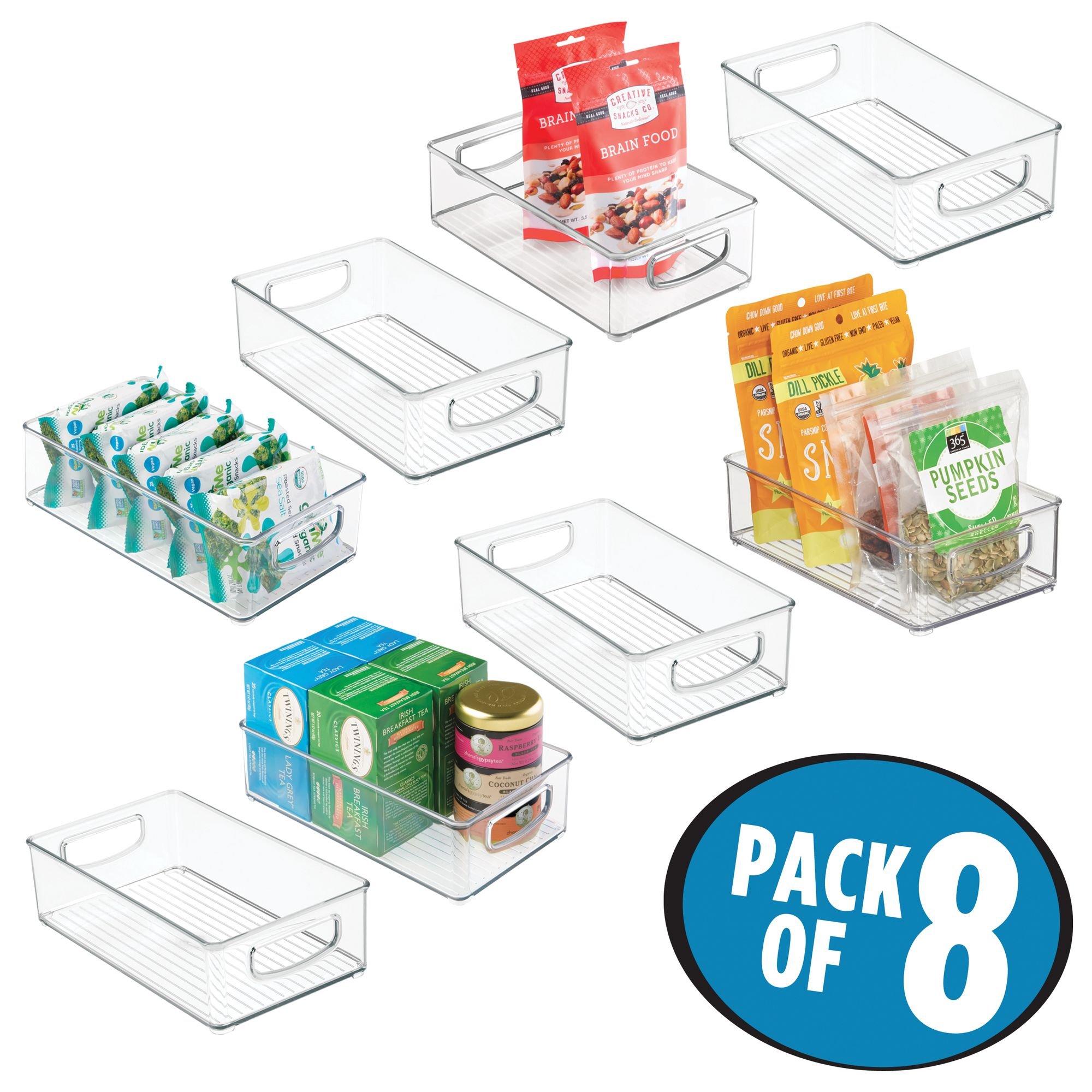 mDesign Plastic Kitchen Pantry Cabinet, Refrigerator or Freezer Food Storage Bins with Handles - Organizer for Fruit, Yogurt, Snacks, Pasta - Food Safe, BPA Free, 10" Long, 8 Pack - Clear