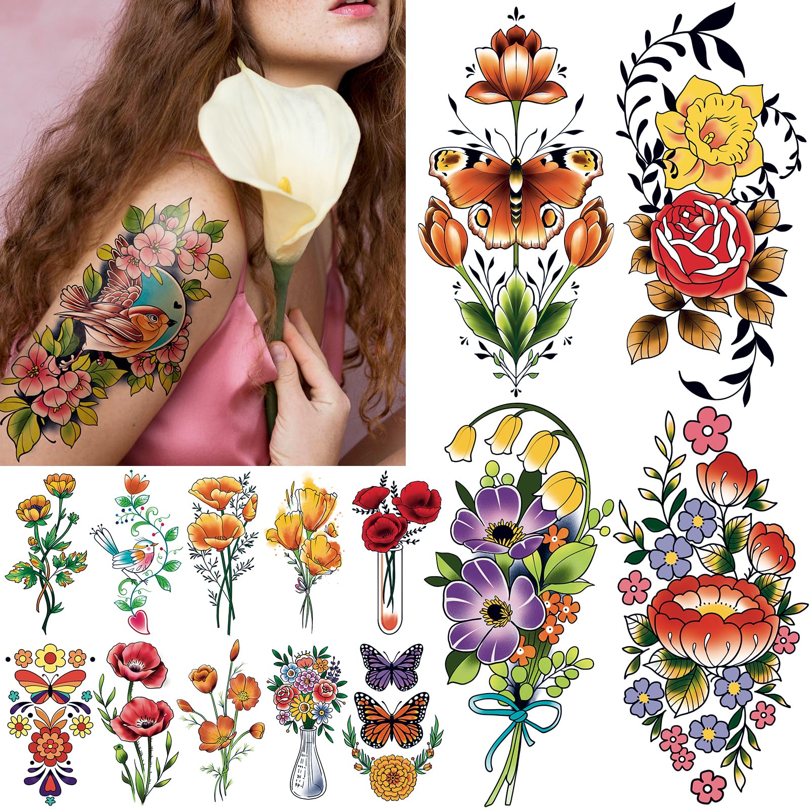 Acevegue Temporary Tattoos for Women, 79 Sheets Realistic Colour Flower Tattoo Stickers, Flowers Wild Plant Transfer Tattoos for Girls Makeup Accessories Decorations