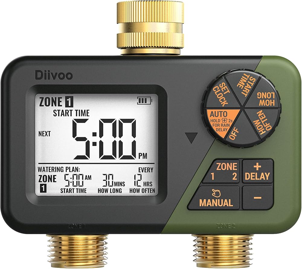 Diivoo 2 Zone Water Timer for Garden Hose Brass Inlet & Outlet IP67