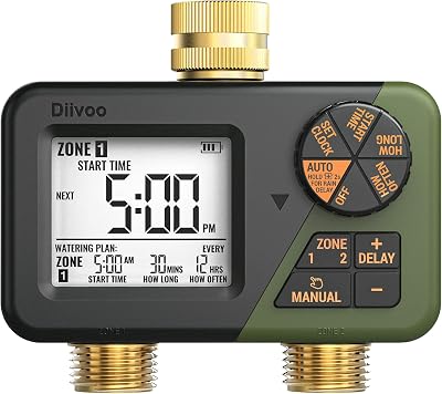 Diivoo 2 Zone Water Timer for Garden Hose Brass Inlet & Outlet IP67