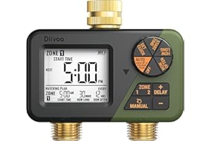 Diivoo 2 Zone Water Timer for Garden Hose, Programmable Sprinkler Hose Timer with Brass Inlet & Outlet, IP66 Waterproof, Rain
