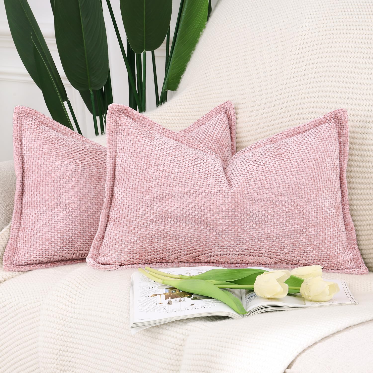 Madizz Set of 2 Chenille Velvet Cushion Covers with Flange Soft Boho Textured Throw Pillow Covers Broadside Pillowcases Modern Farmhouse Home Decor for Sofa Bedroom Pink 12x20 inch, 30x50 cm