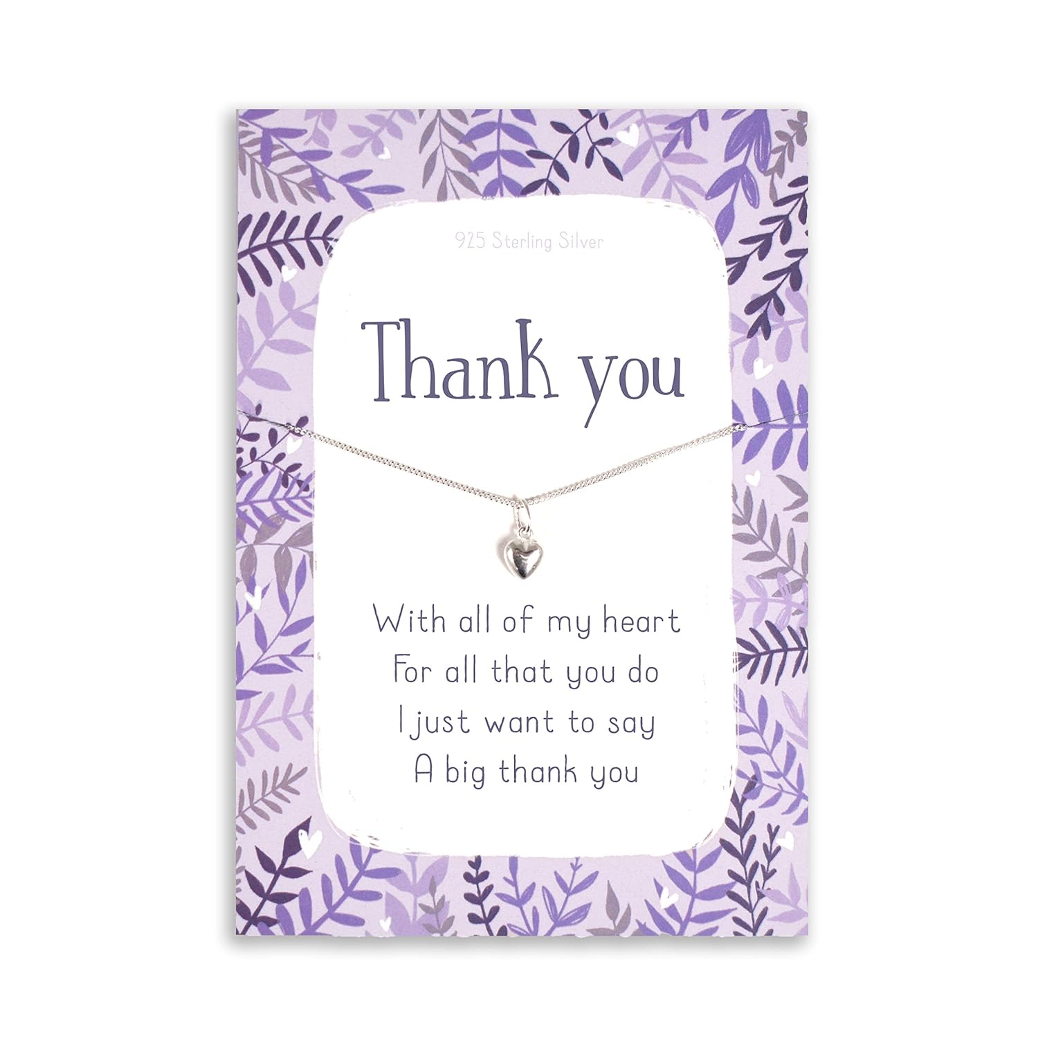 Thank you gift for women sterling silver heart necklace for her on backing card for friend