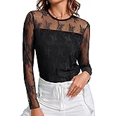 AKEWEI Womens Sexy Sheer Mesh Long Sleeve Tops Crew Neck Double Layered Tee Shirts Going Out Party Club Night Lace Blouse