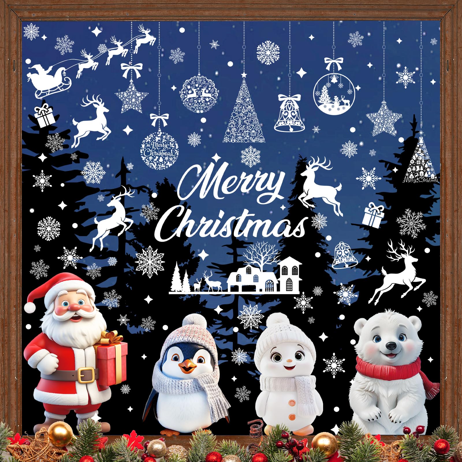 Christmas Window Stickers, 9 Sheets Christmas Window Cling Decorations, Xmas Snowflake Stickers for Windows, Christmas Window Decorations Indoor with Santa Claus, Snowman