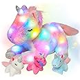 Hopearl LED Plush Unicorn Lighting Up Stuffed Mommy Unicorn with 3 Baby Unicorns in her Tummy Stuffed Animal Playset Night Lights Glow in The Dark for Mom Toddler Girls, Rainbow, 19''