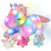 Hopearl LED Plush Unicorn Lighting Up Stuffed Mommy Unicorn with 3 Baby Unicorns in her Tummy Stuffed Animal Playset Night Lights Glow in The Dark for Mom Toddler Girls, Rainbow, 19''