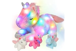 Hopearl LED Plush Unicorn Lighting Up Stuffed Mommy Unicorn with 3 Baby Unicorns in her Tummy Stuffed Animal Playset Night Lights Glow in The Dark for Mom Toddler Girls, Rainbow, 19''