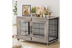 Lulive Large Dog Crate Furniture, 38'' Wooden Dog Crate End Table, Double Door Dog Kennel Indoor with Cushion & Wheels, Decorative Dog Cage House Chew-Resistant for Large/Medium, Grey