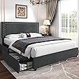 VECELO Queen Size Upholstered Platform Bed Frame with 4 Storage Drawers, Adjustable Velvet Rivets Headboard, Wooden Slats Support, No Box Spring Needed, Easy Assembly