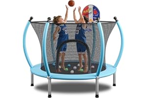 LOTFUN 55/60" Trampoline for Kids, 4.5/5 FT Toddler Trampoline with Enclosur Net, Basketball Hoop & Sandbag, 440 LBS Capacity, Adjustable Height，Gifts for Ages 3-12 Boys & Girls