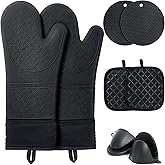 Funnydin 8PCS Oven Mitts and Pot Holders Sets - 480°F Heat Resistant Pot Holders and Oven Mitts, 14.5" Extra Long Silicone Oven Mitts for Cooking, Non-Slip Oven Mitt with Soft Cotton Lining, Black