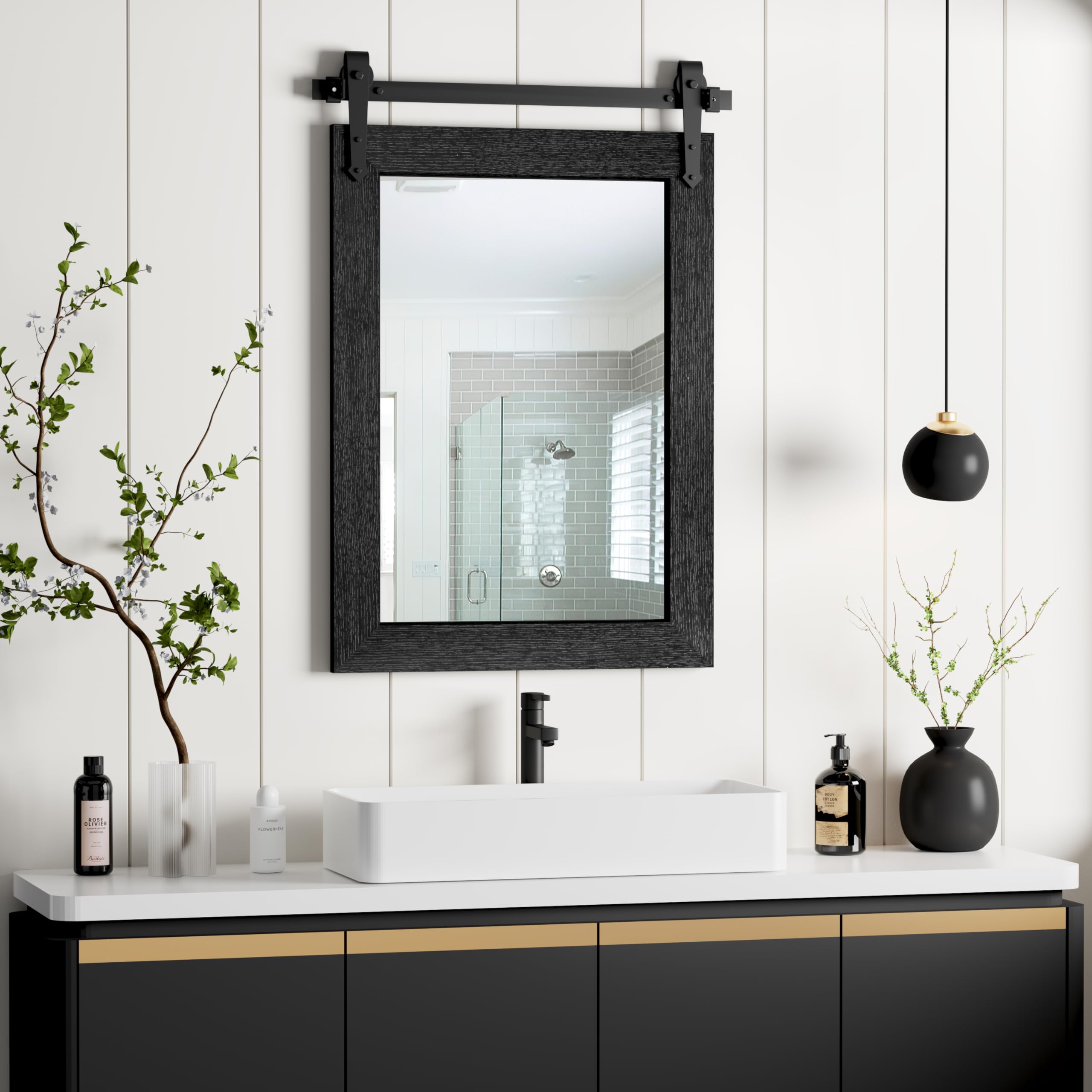 Photo 1 of Farmhouse Bathroom Mirror for Over Sink 22”x32” Black, Rustic Western Barn Decor Bathroom Vanity Mirror, Wall Mirror for Bathroom, Living Room, Bedroom, Entryway