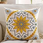 Kuderiy Embroidered Throw Pillow Cover 18x18 Classic Boho Floral Pattern Pillows Cover Outdoor Decorative Pillowcase,Durable Cozy Textured Cushion Case for Sofa Couch Bed Living Room,Yellow