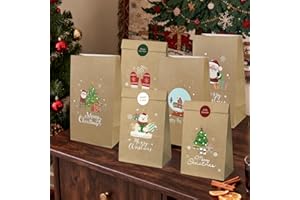 12Pcs Christmas Kraft Bags, 8.6"×4.8"×3.2" Cute Character Brown Paper Treat Bags with Stickers for for Xmas Party Use(Brown)