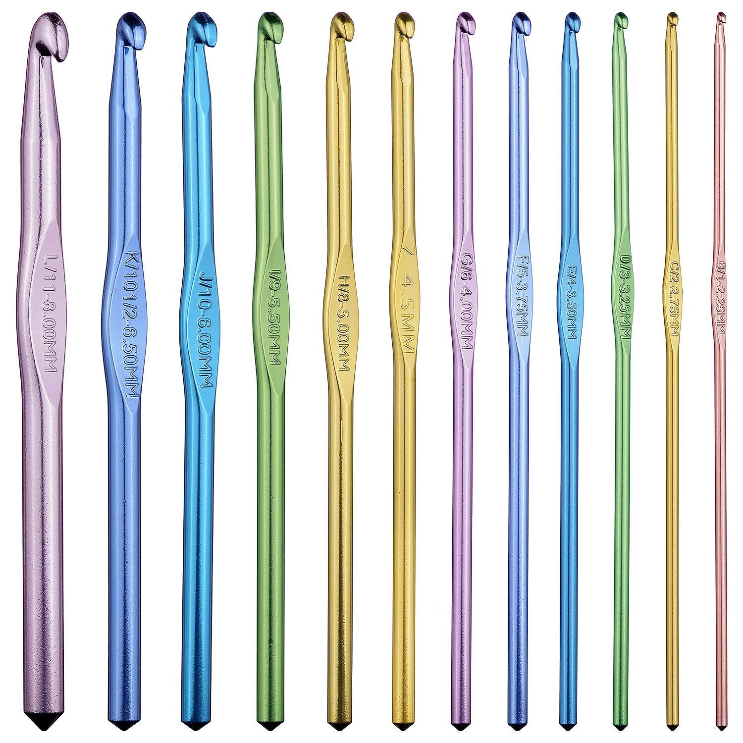 SHATCHI Aluminium Crochet Hook Set - 12pcs, Sizes 2.0-8.0mm, Silver, Ergonomic Grip, Knitting, Weaving