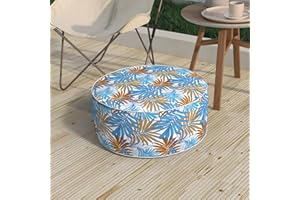 Melody Elephant Patio Inflatable Ottoman, 21x9 Inch Portable Stool Ottoman with Handle, Outdoor Round Footrest Stool for Garden Camping, Piermont Leaves Blue