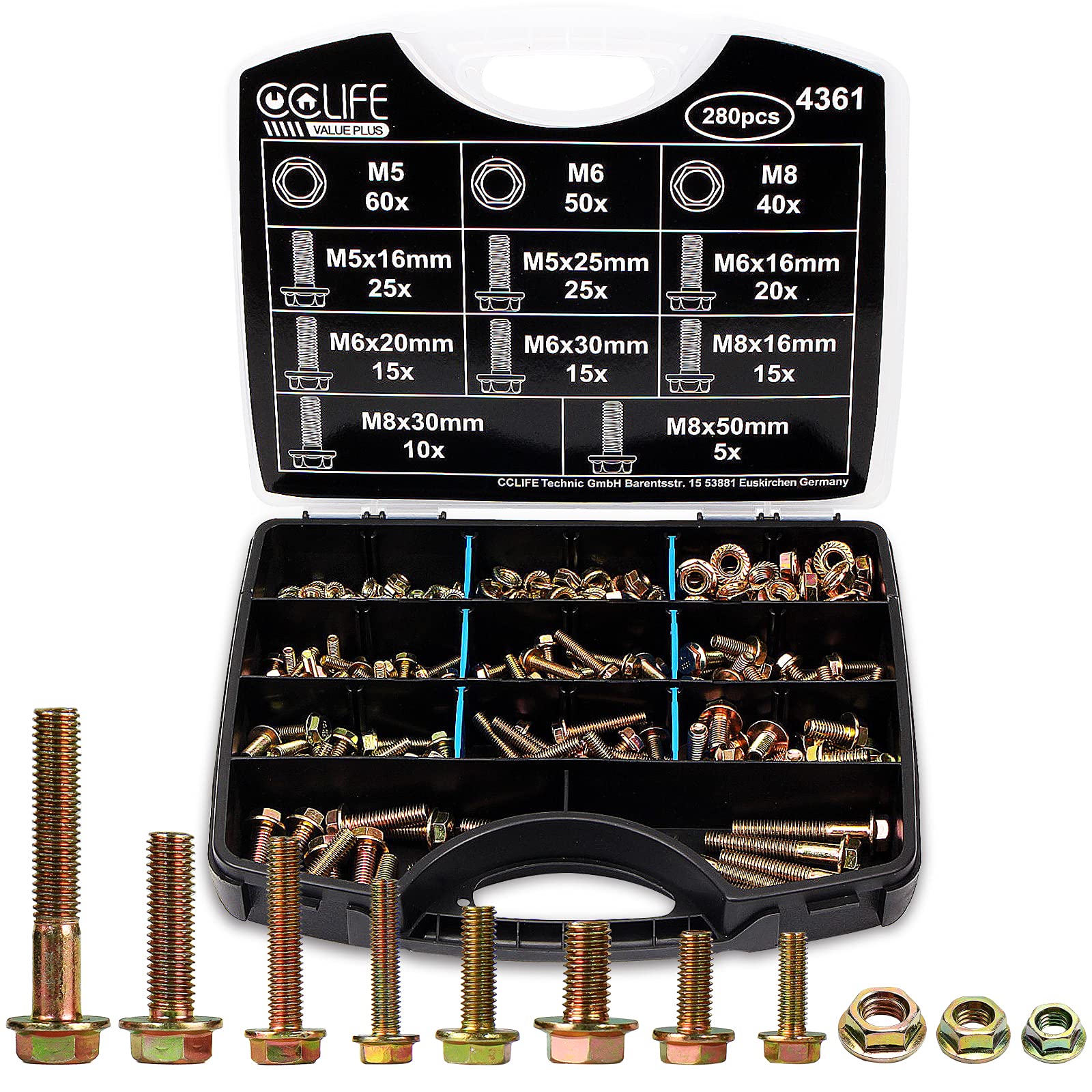 CCLIFE 280-Piece Hexagonal Screws with Flange Nuts Assortment Hexagonal Screws Full Thread M5 M6 M8 Quality 8.8