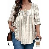 Siddhe Womens Plus Size Tops 3/4 Ruffle Sleeve Loose Fit Blouses Button Square Neck Shirt Casual Pleated Tunic Tops(1X-5X)