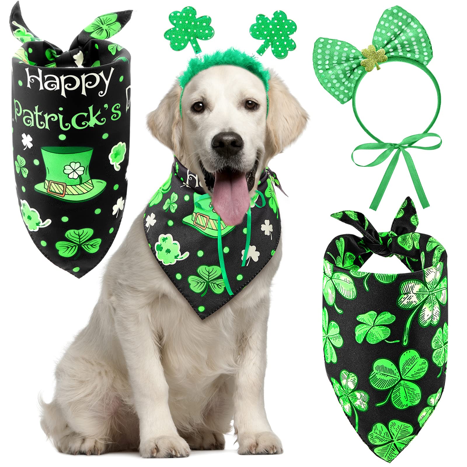 Photo 1 of 4 Pieces St Patrick's Day Dog Costume 2 Sequin Irish Shamrock Headband Bowtie 2 Shamrock Dog Bandana Scarf for Pets Costume Decorations Supplies, Green
