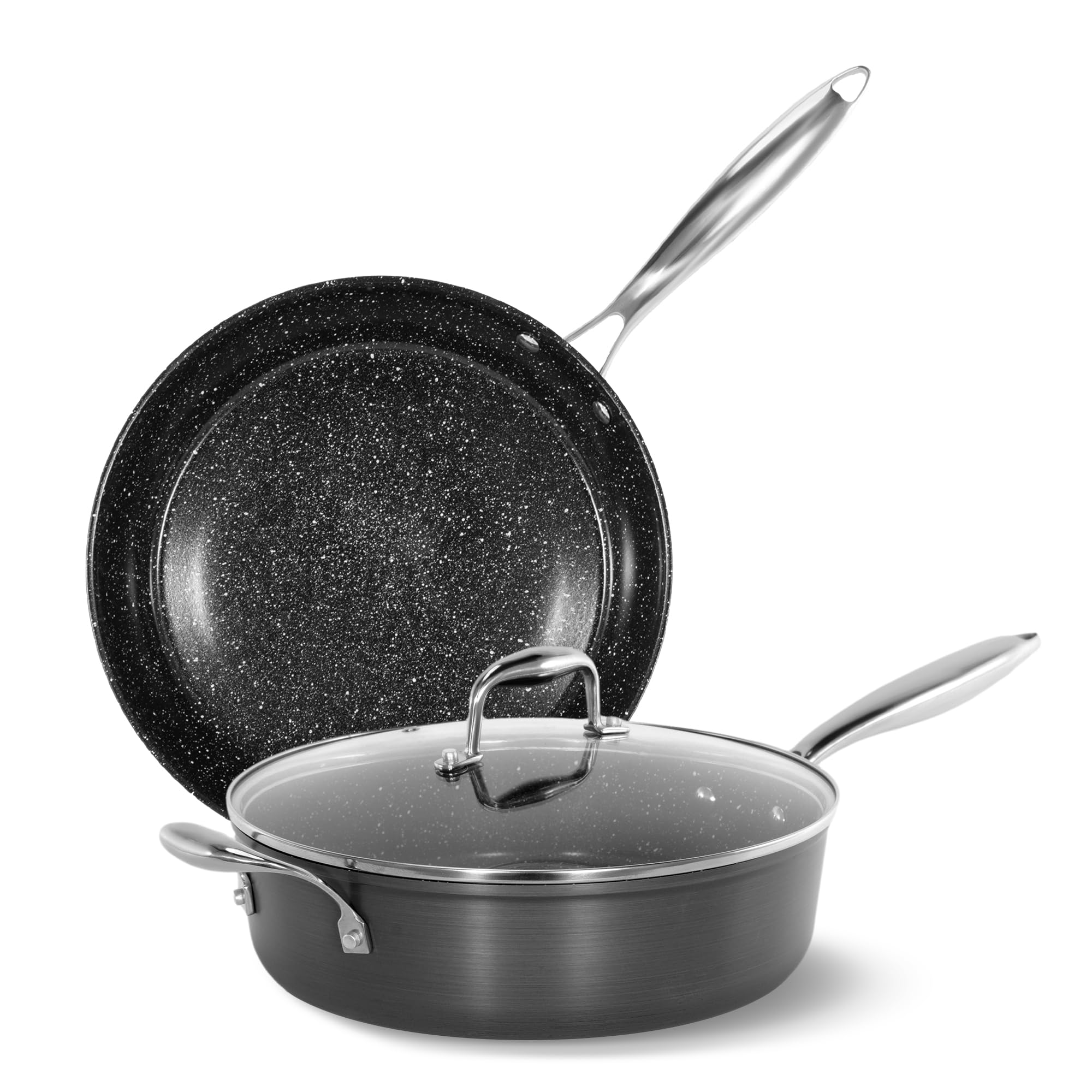 Photo 1 of 3 Piece Hard Anodized Non Stick Fry Pan Set, 11,12 Inch Skillets Set, Ceramic Frying Pans with Lids, Stay-Cool Handles, Pots and Pans Set Non Stick Ceramic, PFAS, PFOA-Free, Black