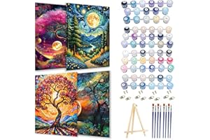 Pretyps Paint by Numbers Kit for Adults Framed Canvas, 4 Pack with Wooden Easel,Paint by Numbers for Kids Ages 8-12, Moon Tree of Life DIY Acrylic Landscape Oil Painting Arts Crafts, 9.45x11.8inch