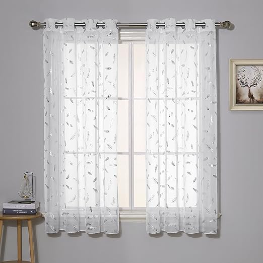 Deconovo Gardinen Transparent Vorhänge Wohnzimmer Voile Vorhang Ösenschal 183x140 cm Weiß Feder 2er Set