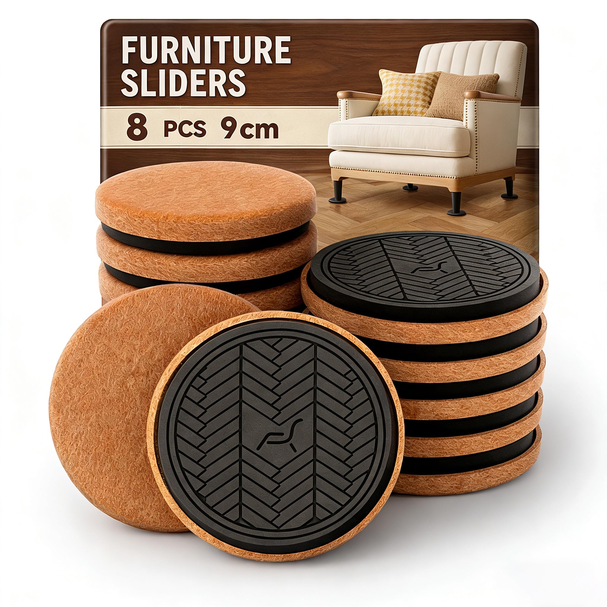 Felt Furniture Sliders for Wooden Floors, 8PCS -9cm (3 ½”) Thick Furniture Pad Gliders Coasters for Heavy Duty Items, Moving Heavy Furniture Quickly and Easily