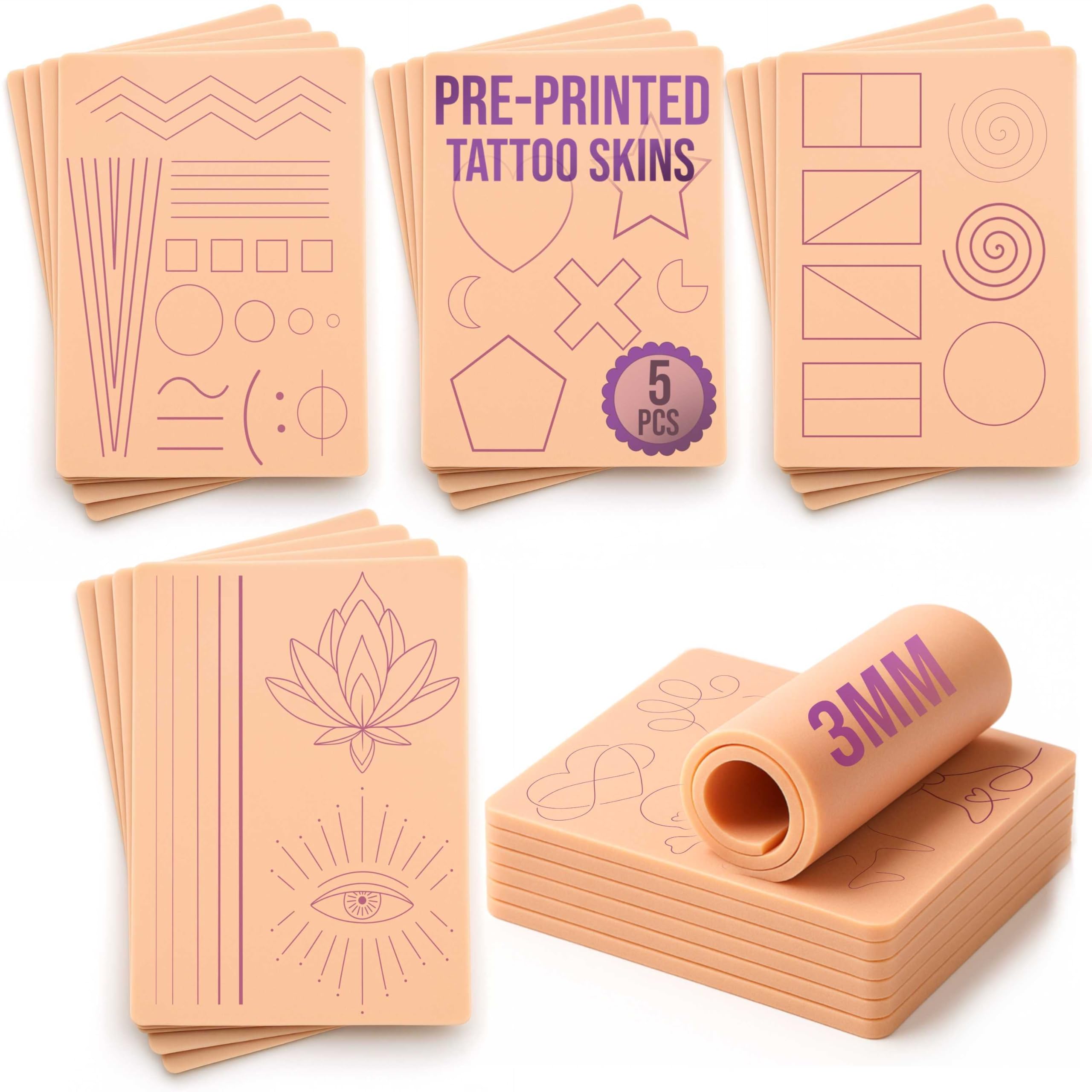 5 Pre-Printed Tattoo Practice Skins | Free Tutorial | 3mm Fake Skins for Tattooing (Apprentice Set of 5, Normal Skin)
