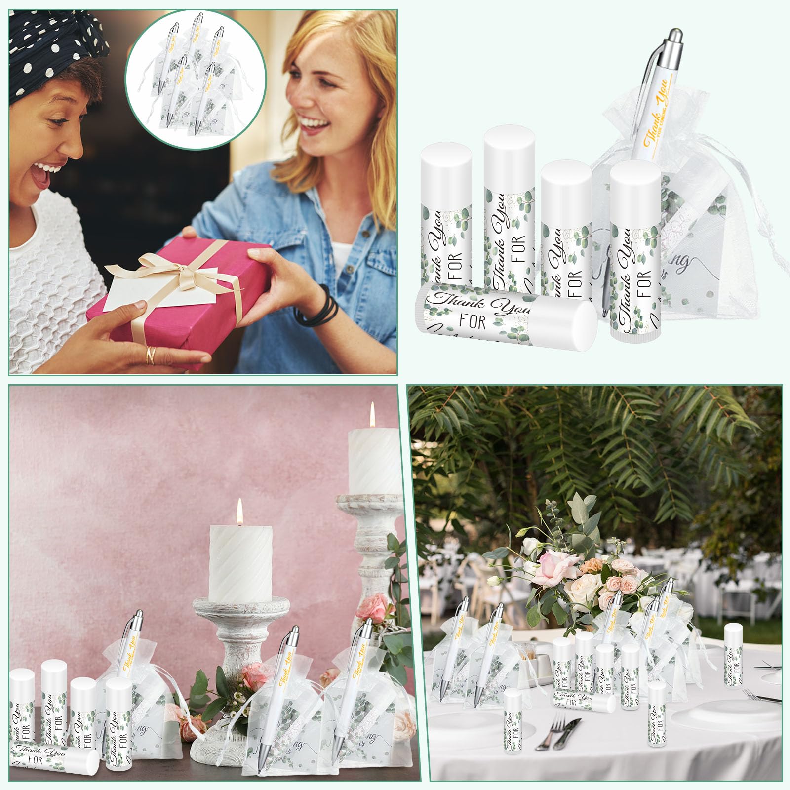 50 Set Bulk Thank You Combo Gifts Include Lip Balms Appreciation Ballpoint Pen Thank You Card Organza Drawstring Gift Bag Pouch for Wedding Parties Baby Shower Favors, Eucalyptus Leaves Style