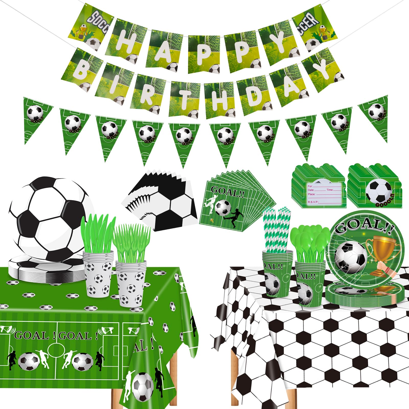Photo 1 of 222Pcs Soccer Party Decorations Serve 24, Includes Soccer Plates Napkins Cups Spoons Forks Knives Straws Banners Tablecloths Invitation Cards for Soccer Sports Theme Birthday Party Decorations