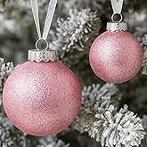 SLEETLY Pink Christmas Ornaments – 32-Piece Shatterproof Plastic Holiday Tree Decorations, 16 Glitter Snow Balls (3.15"/2.36"), 8 Icicles & 8 Snowflakes Set for Xmas Decor