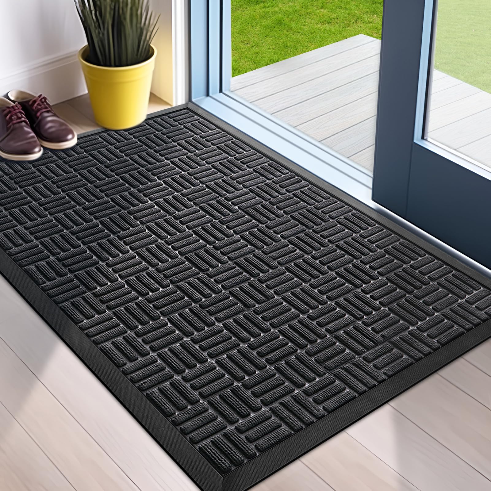 Photo 1 of ****similar item***Mibao Front Door Mat, Heavy Duty Durable Welcome Mat for Outdoor Indoor, Dirt Trapper Waterproof Super Absorbent Door Mat for Entryway Outside Patio Porch, 29.5" x 17", Black