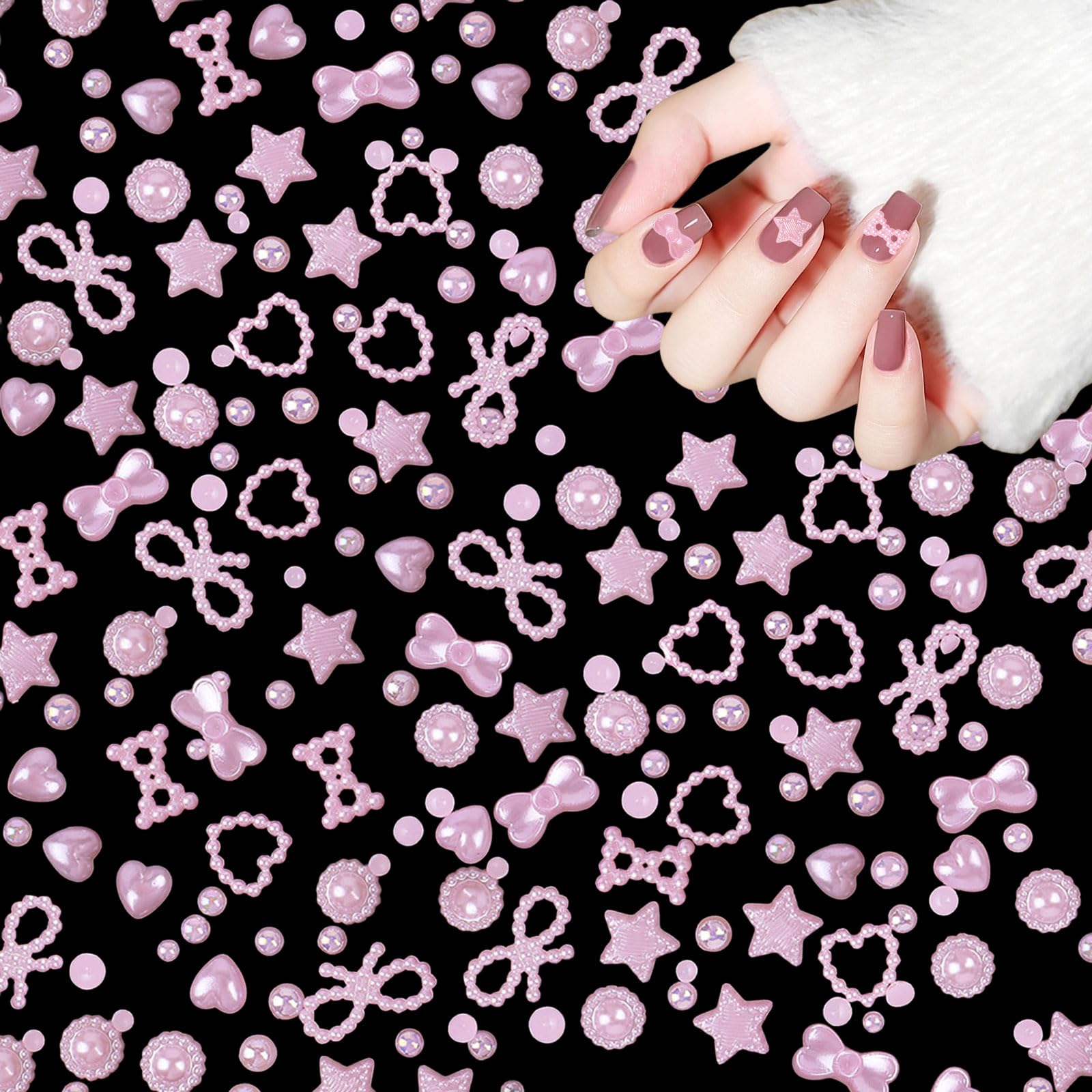Pearl Nail Charms, 500PCS Mixed Styles Star Bow Heart 3D Pink Pearls Nail Art Decorations for DIY Crafting Jewels (Pink)