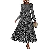dowerme Maxi Dresses for Women 2026 Long Sleeve Floral Smocked A Line Polka Dot Flowy Boho Vacation Dress Spring Clothes