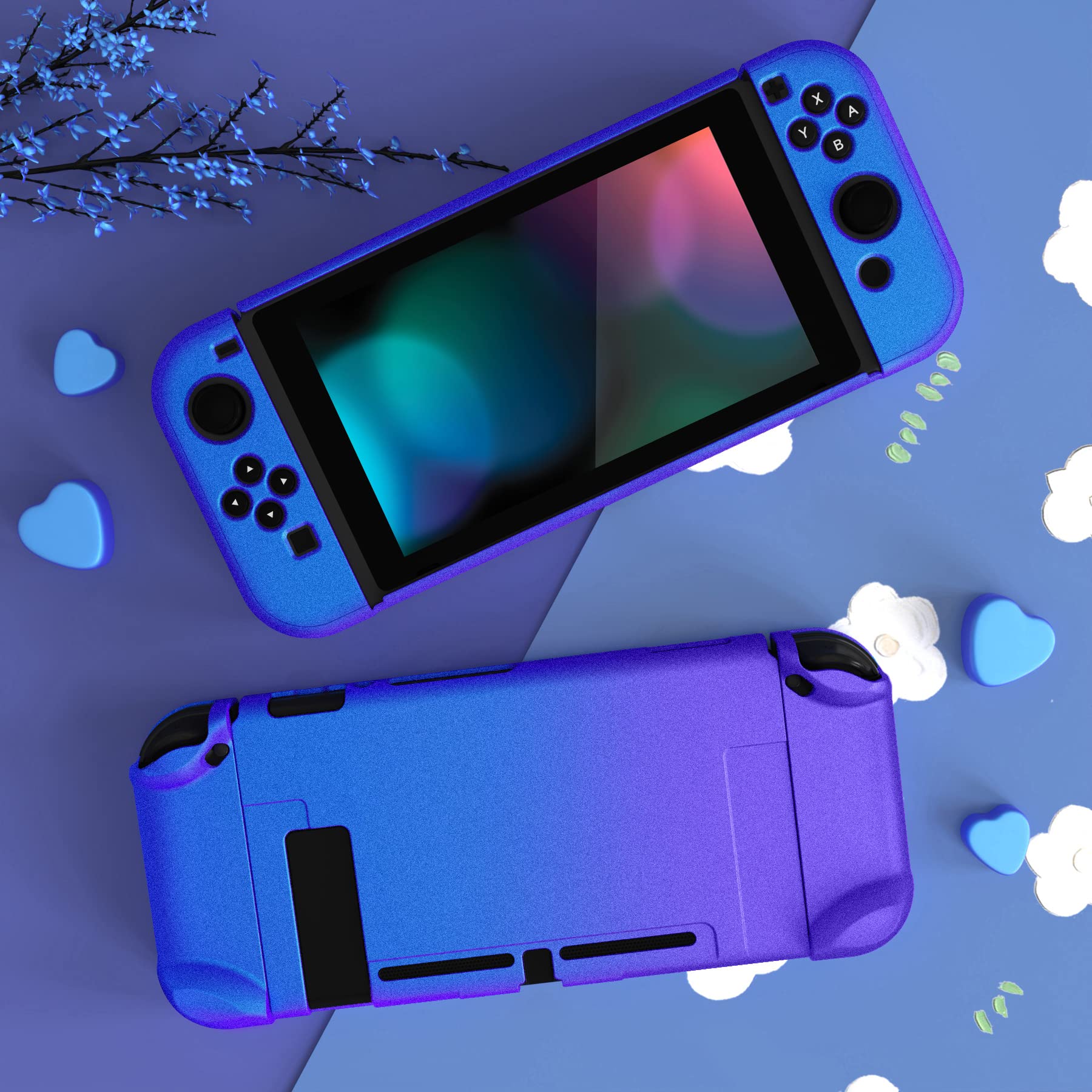 eXtremeRate PlayVital Glossy Back Cover for Nintendo Switch Console, NS Joycon Handheld Controller Separable Protector Hard Shell, Dockable Protective Case for Nintendo Switch - Chameleon Purple Blue