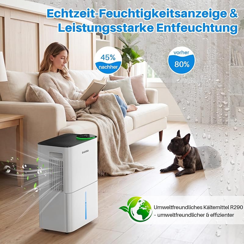 Luftentfeuchter elektrisch 15L/24h, Entfeuchter elektrisch 35dB, Raumentfeuchter für Räume ca. 35m², mit Ablaufschlauch, Timer, für Wohnmobil, Badezimmer, Keller, Kältemittel R290, 10 J. Gar.