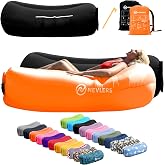Nevlers Black &amp; Orange Inflatable Lounger 2 Pack | 210T Polyester Air Couch | No-Pump Blow Up Chair Set | Inflatable Couch w/ 450 lbs. Capacity, Pockets &amp; Carry Bags for Use as Festival Accessories