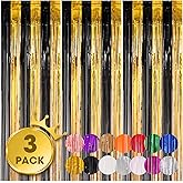 Voircoloria 3 Pack 3.3x8.2 Feet Black and Gold Foil Fringe Backdrop Curtains, Tinsel Streamers Birthday Party Decorations, Fringe Backdrop for Graduation, Baby Shower, Gender Reveal, Disco Party