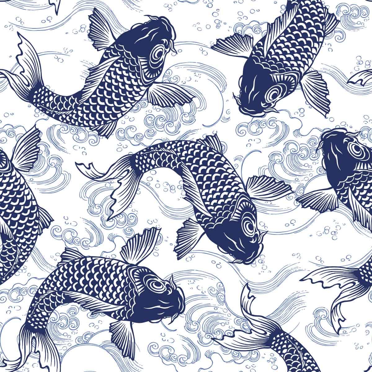 Japanese Koi Upholstery Fabric by The Yard,Ocean Wave Hokusai Reupholstery Fabric for Chairs,Exotic Carp Fish Marine Sea Decorative Waterproof Outdoor Fabric,1 Yard,(L92*W150cm) White Blue