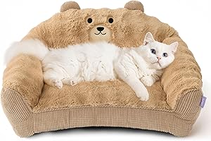 LE SURE Cat Bed for Pets - Fluffy Cat Couch with Original Bear Design, Fuzzy Cats Sofa with Removable Washable Cover, Supportive Pet Chair, 24inch, Almond