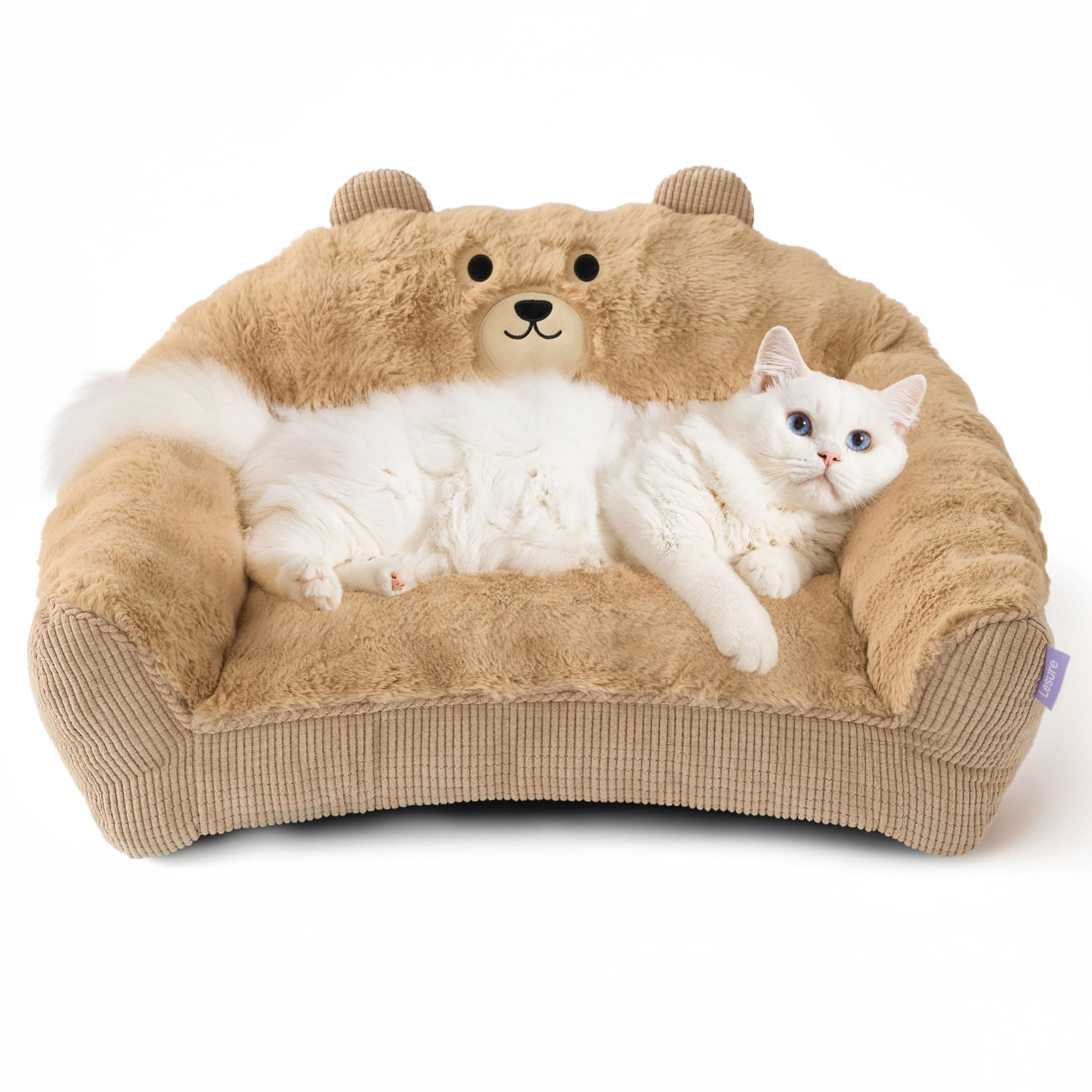 Photo 1 of LE SURE Cute Cat Couch for Pets - Fluffy Original Bear Design Cat Beds for Indoor Cats, Fuzzy Cats Sofa with Removable Washable Cover, Supportive Pet Chair, 24inch, Almond
