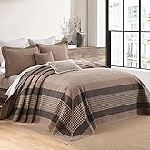 QuiltMuse Farmhouse Bedspread King Size 120"x120" - 100% Cotton Lightweight Oversized King Quilt with 2 Pillowshams, Cottage Plaid King Quilted Bedding Bed Spread Coverlet, Brown/Beige/Wood