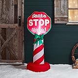 Lights4fun, Inc. 4ft Inflatable Christmas Santa Stop Here Sign Indoor & Outdoor Holiday Decoration with Built-in LED Lights