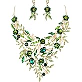 BriLove Wedding Bridal Leaf Cluster Jewelry Set for Women Crystal Flower Enamel Statement Necklace Dangle Earrings