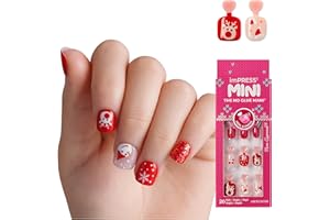 KISS imPRESS Mini Holiday Press On Nails for Kids, ‘Cozy’, Red, Child Size, Squoval Shaped, Mess-Free, Mom Approved, Non-Toxic, Breakaway Application Tabs, Nail File, 20 Fake Nails