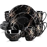 LOVECASA Black Plates and Bowls Sets for 4, Porcelain Dinnerware Sets 16 Piece Gold Splash Glaze Ceramic Dish Set, Round Dinner Set with Mugs, Dishwasher Microwave Safe