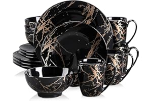LOVECASA Black Plates and Bowls Sets for 4, Porcelain Dinnerware Sets 16 Piece Gold Splash Glaze Ceramic Dish Set, Round Dinn