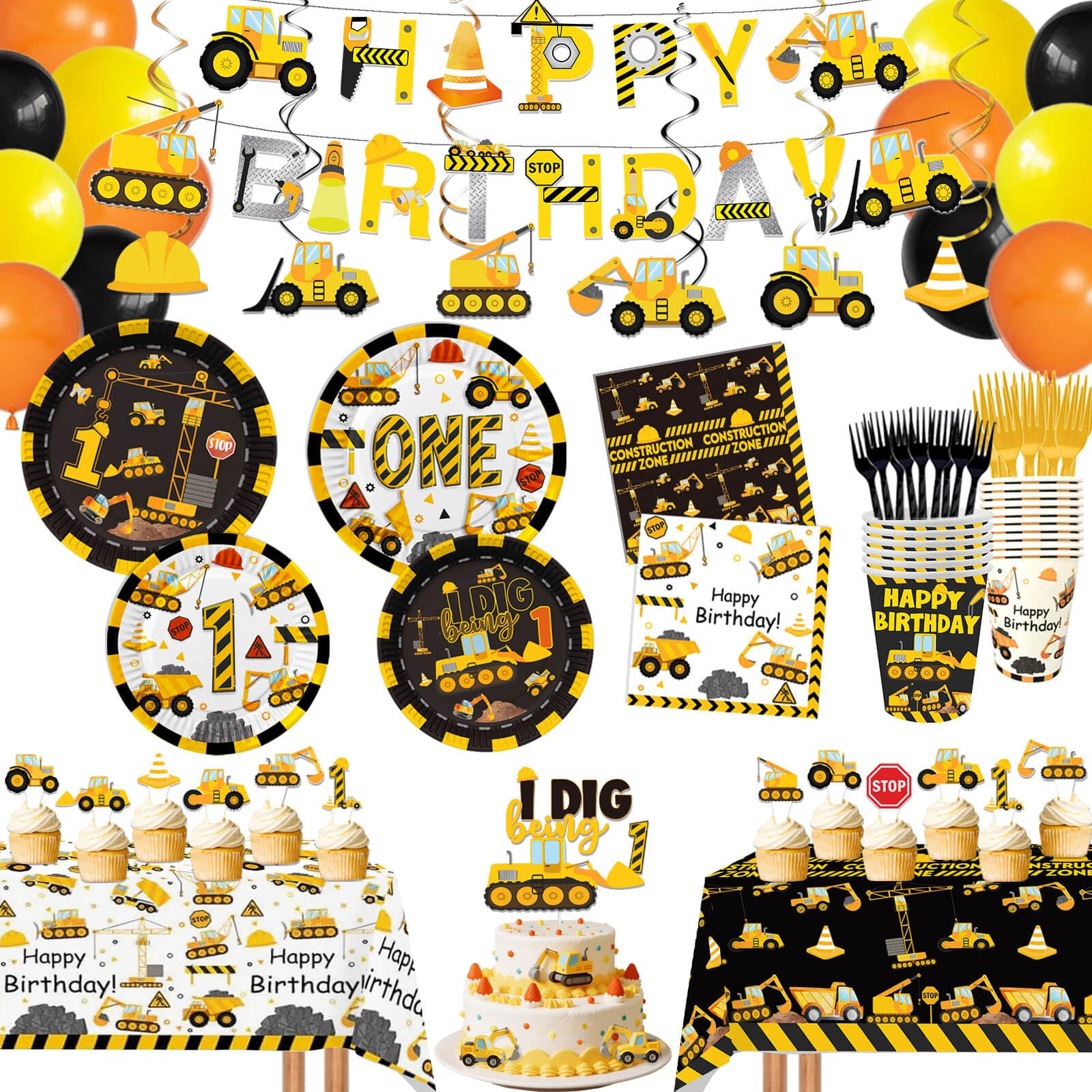 View 1 of * missing most of the supplies *
210 Pcs Construction 1st Birthday Decorations - Includes Plates Napkins Cups Cake Cupcake Toppers Banner Hanging Swirls Tablecloths Balloons for Construction Theme Boy One Year Old Bday Party Supplies